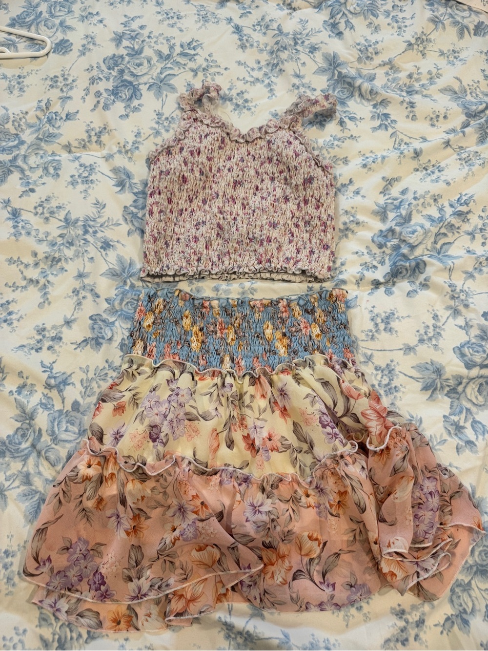 Girls Floral Ruffled Tiered Skirt with Smocked Waist - Pink Multi